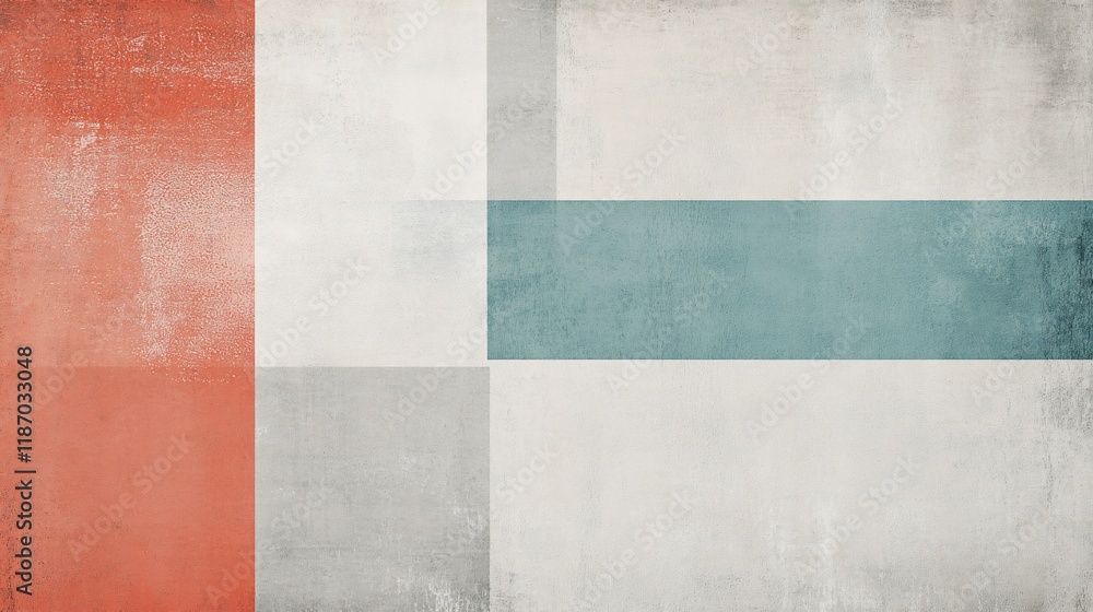 Fototapeta premium Abstract geometric textured background with red, grey, white, and teal color blocks.