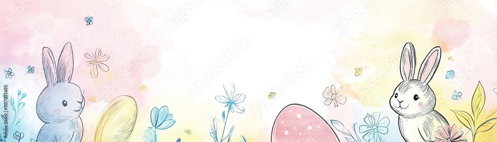 Fototapeta premium Playful hand-drawn Easter doodle background with bunnies, chicks, flowers, and eggs in soft pastel colors, featuring a large blank space for customization