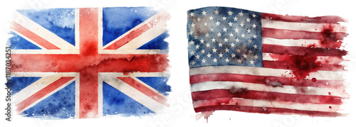 Watercolor flags, British flag, American flag, artistic representation, patriotic colors, cultural symbols, creative design.