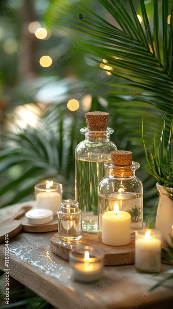 Serene Spa Setting with Candles and Essential Oils Serene Spa Setting with Candles and Essential Oils