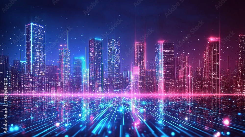 Fototapeta premium Vibrant LED Cityscape at Night with Futuristic Illuminating Lights