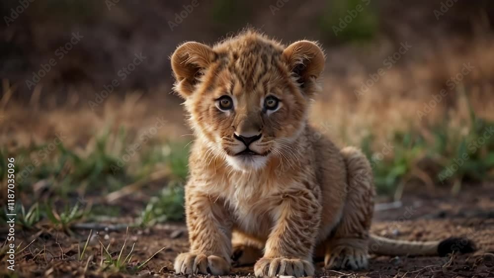 A close-up shot of a lion cub, sitting on dirt with some vegetation in the background. The cub has soft, light-brown fur, making it appear cuddly. A close-up shot of a lion cub, sitting on dirt with some vegetation in the background. The cub has soft, light-brown fur, making it appear cuddly.