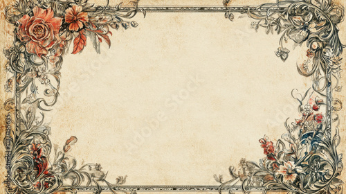 Vintage floral ornate border on aged paper