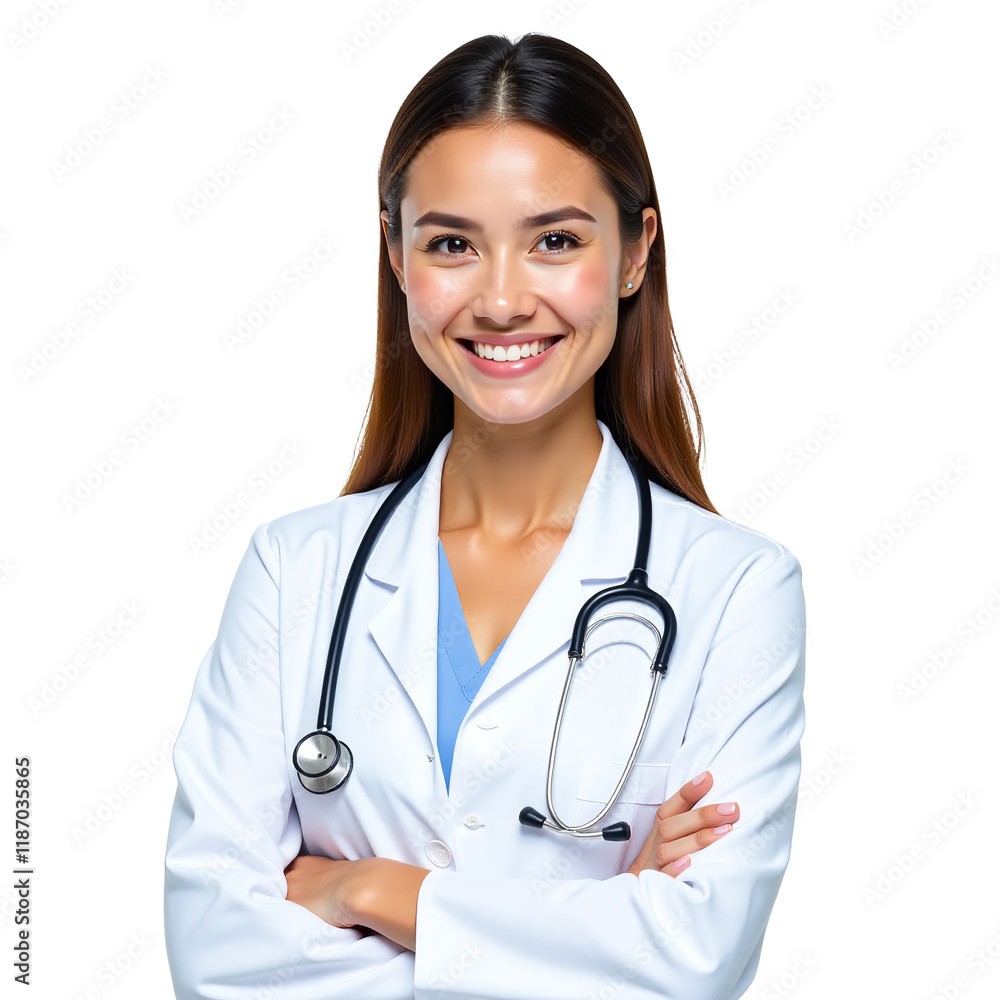 Fototapeta premium Professional Woman Doctor with Stethoscope, White Transparent Background