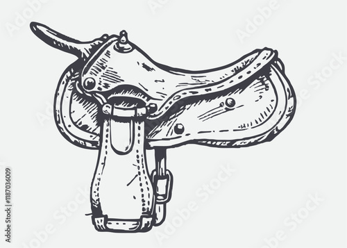 Western style horse tack, black cowboy saddle with cinch, rope halter and also Isolated vector illustration
