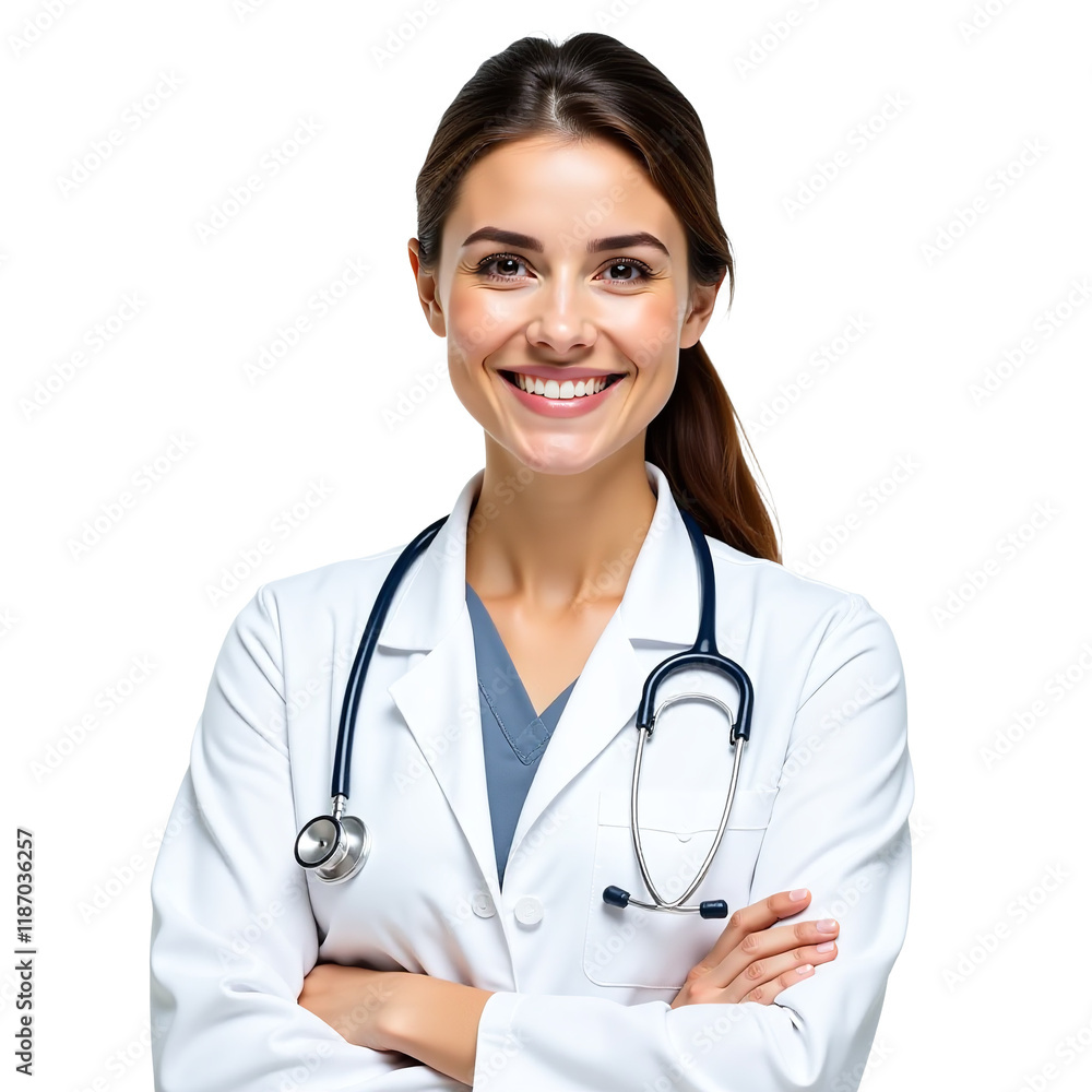 Portrait of Smiling Female Doctor with Stethoscope on Transparent Background, PNG Portrait of Smiling Female Doctor with Stethoscope on Transparent Background, PNG