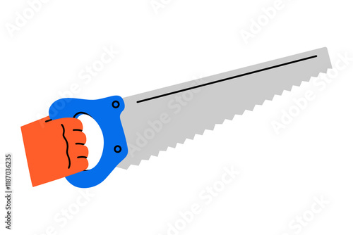 Hand drawn cute cartoon illustration of hand with saw instrument. Flat vector sharp repair tool with blade in arm doodle. Support service icon. Settings or fix problem sticker. Find solution. Isolated