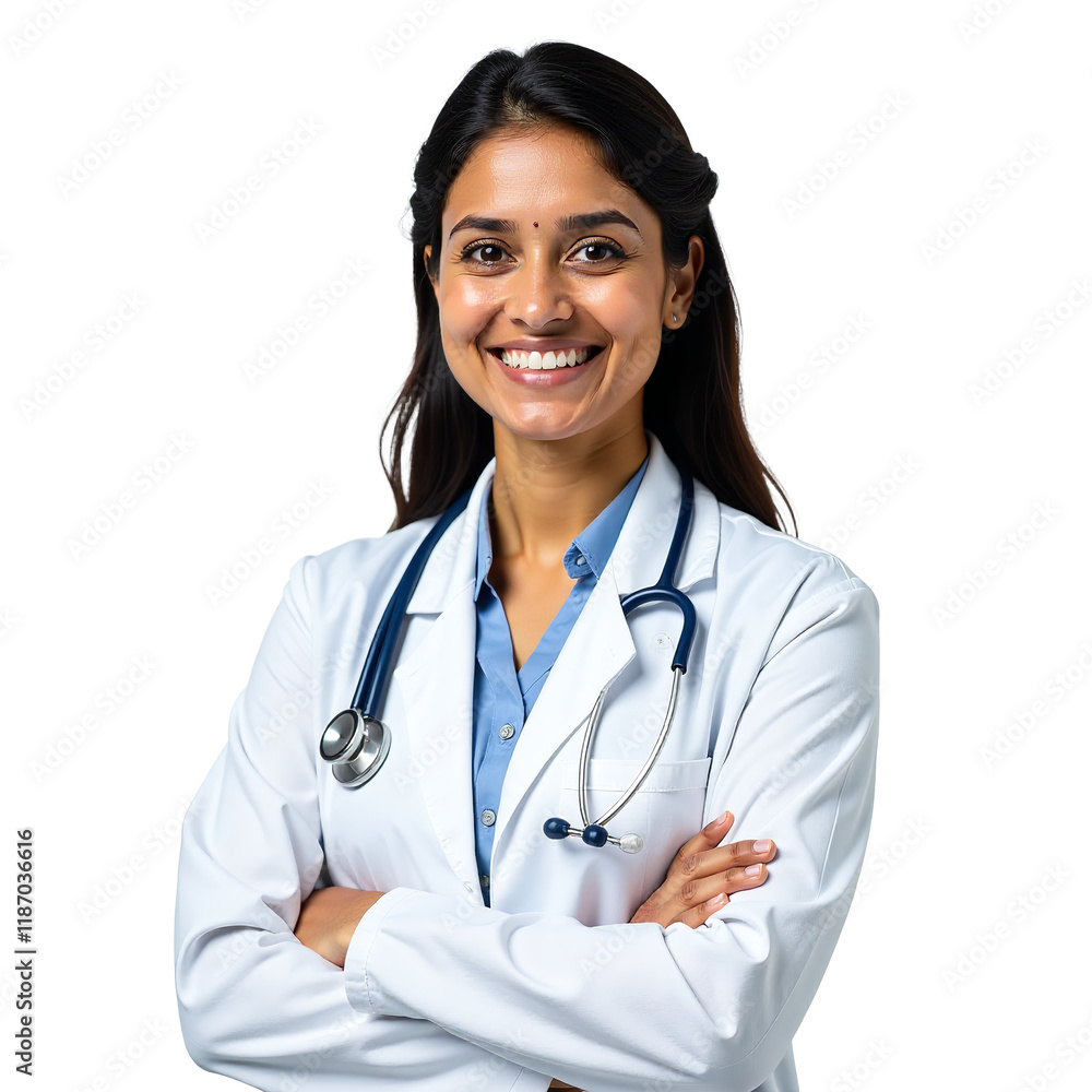 Fototapeta premium Smiling Young Female Doctor with Stethoscope on White Transparent Background
