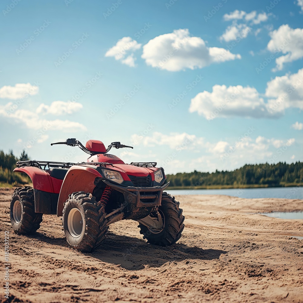 Red Quad Bike on Sandy Beach Summer Adventure Red Quad Bike on Sandy Beach Summer Adventure
