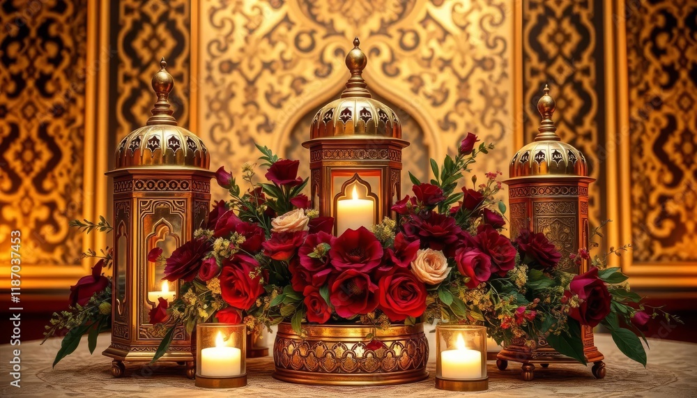 Obraz premium Ornate Lanterns Candles and Roses Centerpiece