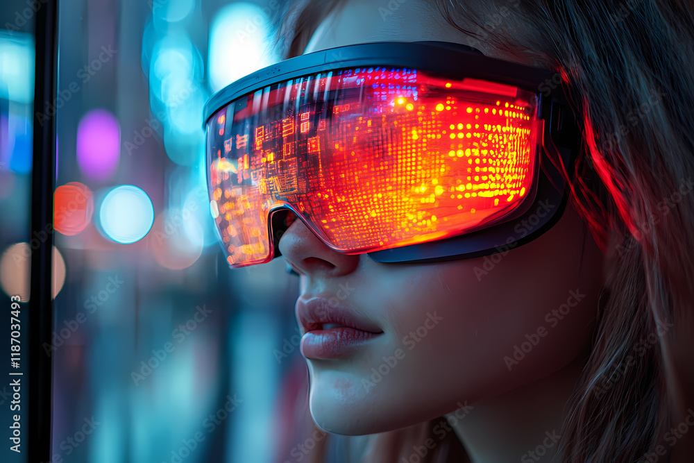 A young person wearing augmented reality glasses working in a modern coworking space. Future technologies support innovative project development A young person wearing augmented reality glasses working in a modern coworking space. Future technologies support innovative project development