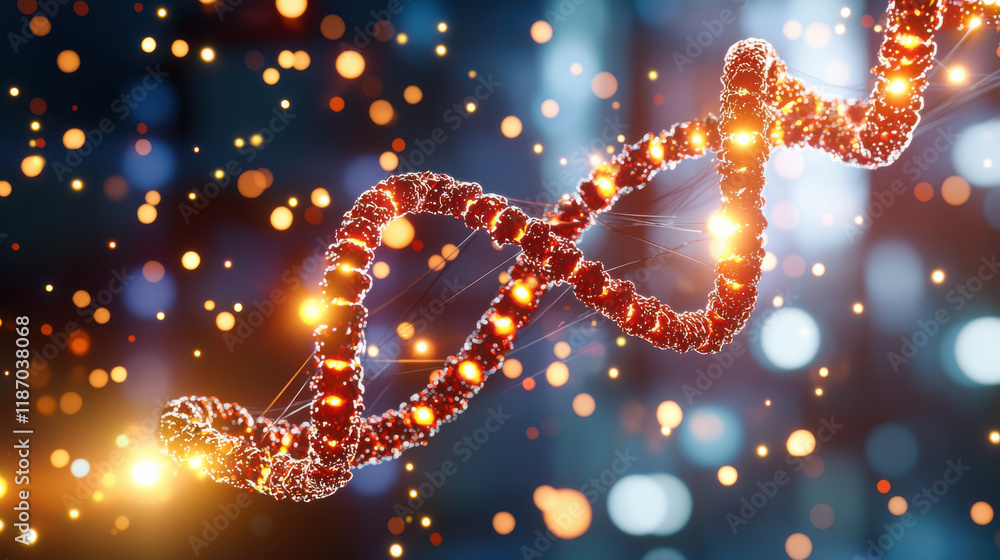 vibrant representation of DNA double helix, showcasing intricate details and glowing elements against blurred background. This symbolizes essence of genetic innovation and research vibrant representation of DNA double helix, showcasing intricate details and glowing elements against blurred background. This symbolizes essence of genetic innovation and research