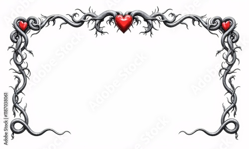 An intricate frame design with vines  snakes  and hearts  rendered in sharp black ink on a pure white background