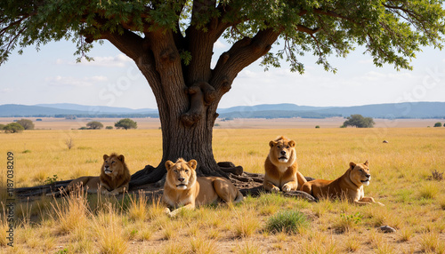 Four lions resting under a tree in the savannah