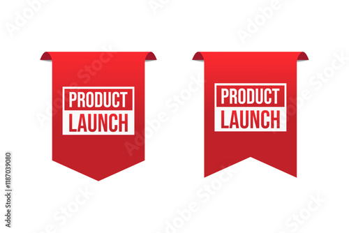 Product Launch ribbon tag banner template retail promotion and announcement. Advertising design, business promotion. Vector illustration on white background