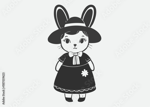 Black silhouette rabbit girl in a dress sketch hand drawn in doodle style illustration
