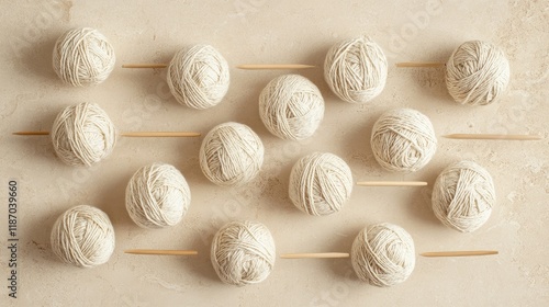 Merino wool yarn balls and knitting needles arranged on a beige surface showcasing a cozy crafting aesthetic top view. photo