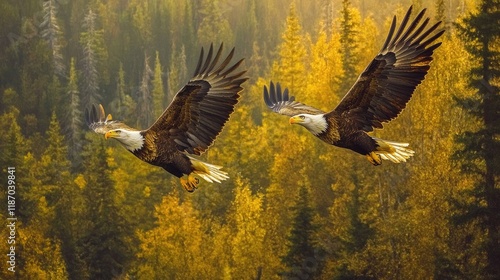 Wallpaper Mural Bald Eagles in Flight Over Golden Autumn Forest Landscape Torontodigital.ca