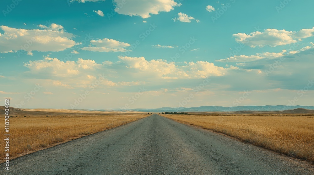 Fototapeta premium Asphalt road stretching into the distance under a blue sky with fluffy clouds and golden grasslands on either side