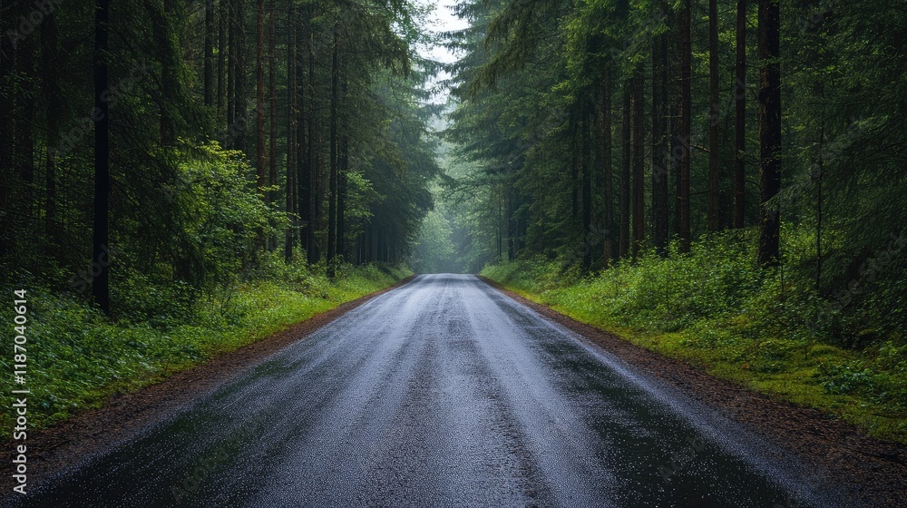Asphalt road lined by dense evergreen trees creating an ideal setting for nature and adventure photography in serene wilderness landscape Asphalt road lined by dense evergreen trees creating an ideal setting for nature and adventure photography in serene wilderness landscape
