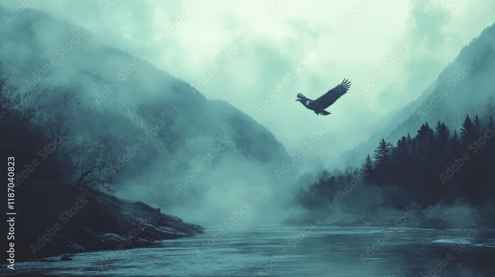 Obraz premium Bald eagle soaring over misty river surrounded by mountains during salmon run in serene natural landscape