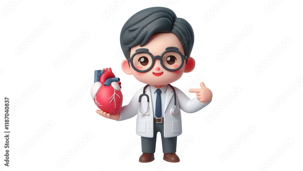 Doctor character holding heart model medical environment 3d illustration educational concept Doctor character holding heart model medical environment 3d illustration educational concept