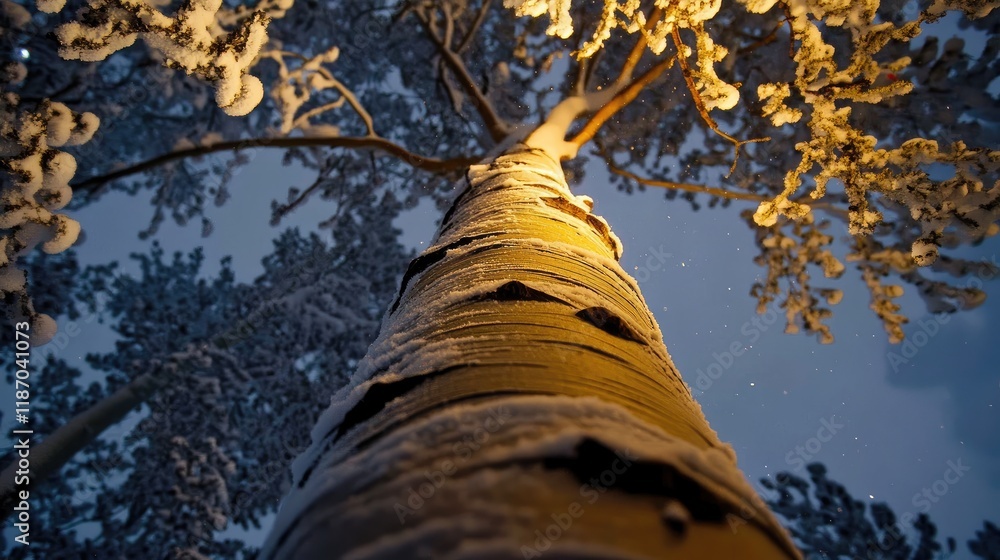 Fototapeta premium Snow-Covered Aspen Tree Trunk Reaching Toward the Night Sky Illuminated by Golden Lighting Winter Scene