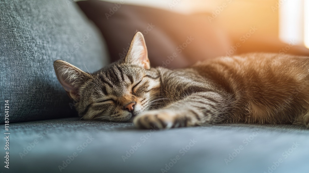 Cozy tabby cat resting peacefully on a grey sofa enjoying warm sunlight in a relaxing home environment Cozy tabby cat resting peacefully on a grey sofa enjoying warm sunlight in a relaxing home environment