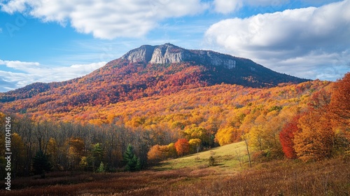 Stunning Fall Landscape of Vibrant Autumn Foliage Surrounding Majestic Mountain Peak Under Blue Sky with Fluffy Clouds