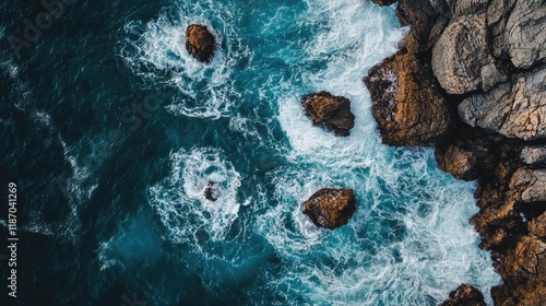 Aerial view of dynamic ocean waves breaking on rugged coastal rocks with blue water and space for text or design elements photo