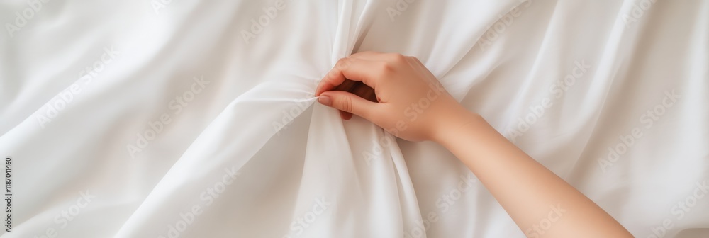 Woman gently touching soft white bed sheets in hotel room, enjoying comfort and relaxation during summer holiday vacation, concept of travel and resort hospitality Woman gently touching soft white bed sheets in hotel room, enjoying comfort and relaxation during summer holiday vacation, concept of travel and resort hospitality