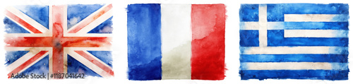 Watercolor flags, British flag, French flag, Greek flag, vibrant colors, artistic representation, cultural symbols.