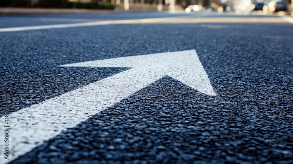 Fototapeta premium Asphalt street close-up featuring painted white arrow for right turn direction signaling traffic rules and safety on the road