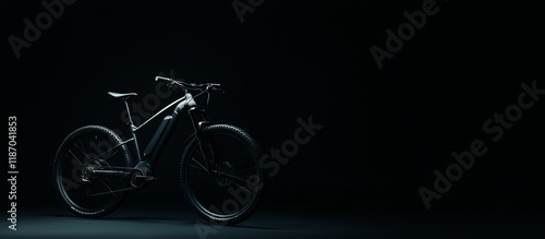 Electric mountain bike standing in a professional studio against a dark background. Minimalistic design with an emphasis on the shape and details of the bike. Copy space.