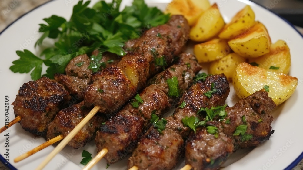 Balkan style grilled minced meat skewers served with crispy potato wedges and fresh parsley garnished for a flavorful meal experience Balkan style grilled minced meat skewers served with crispy potato wedges and fresh parsley garnished for a flavorful meal experience
