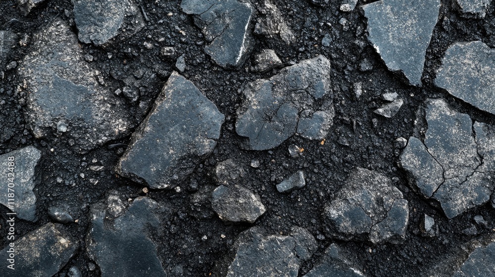Dark asphalt texture with broken stone details for background design and construction themes top view close up Dark asphalt texture with broken stone details for background design and construction themes top view close up
