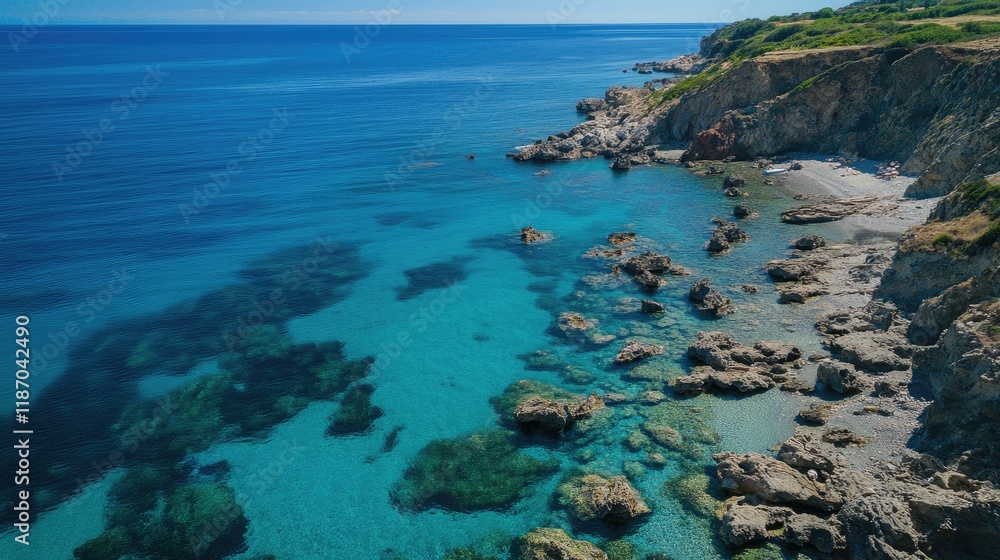 Aerial Perspective of Serene Tropical Beach and Rugged Coastal Landscape Featuring Crystal Clear Turquoise Waters Aerial Perspective of Serene Tropical Beach and Rugged Coastal Landscape Featuring Crystal Clear Turquoise Waters