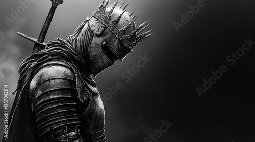 A striking black and white image of an armored figure in a crowned helmet, embodying power and mystique, set against a somber backdrop. photo