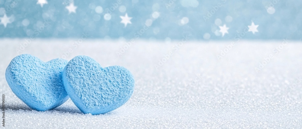Obraz premium Two Blue Hearts on Sparkling Winter Background Festive Romantic Love