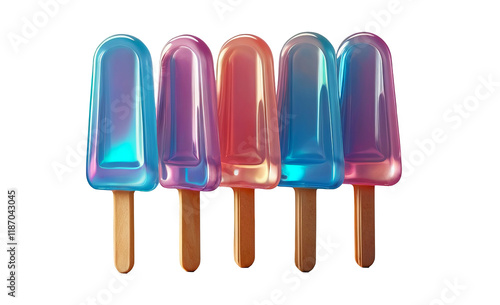 3D chrome element in Y2K style, isolated background, liquid holographic metal. A row of colorful ice creams, blue, pink, and purple, vibrant colors.