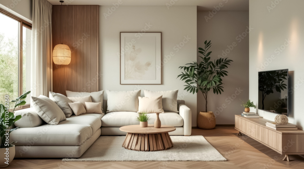 Fototapeta premium minimalist living room features a light beige sectional sofa wooden elements