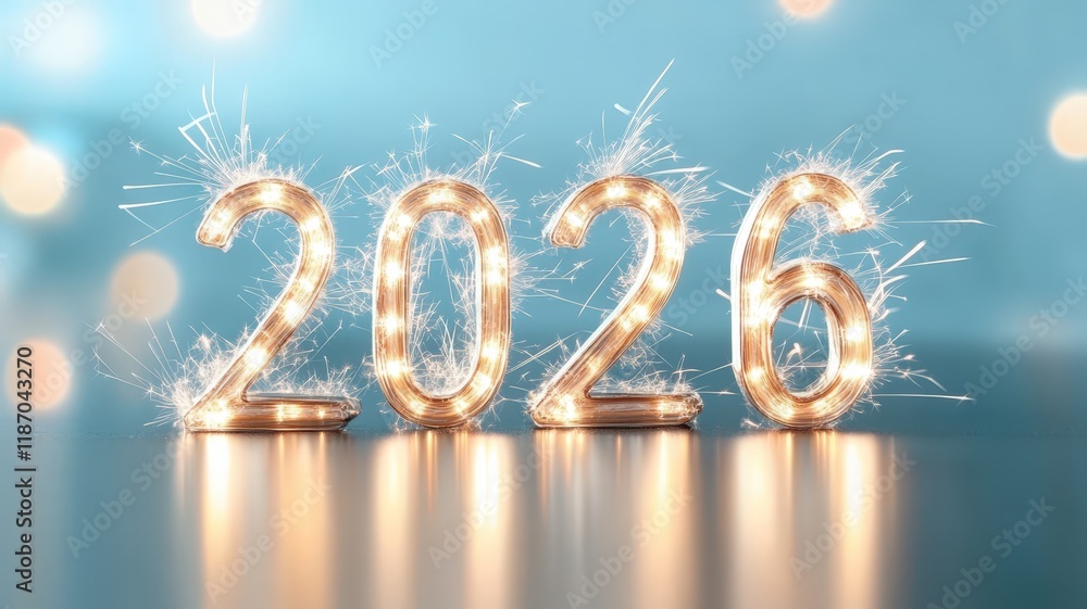 Happy New Year Sparkling Glowing 2026 text numbers with firework sparks celebrate the upcoming new year in a modern cityscape at sunset Happy New Year Sparkling Glowing 2026 text numbers with firework sparks celebrate the upcoming new year in a modern cityscape at sunset