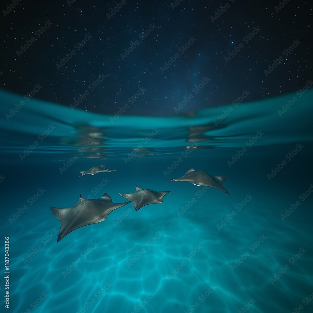 Fototapeta premium Night sky over three eagle rays swimming in clear ocean water.