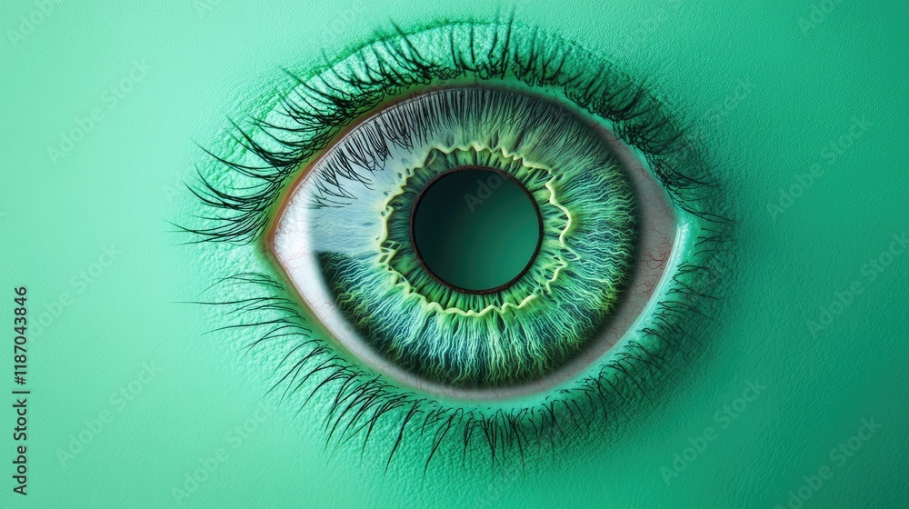 Aerial view of a striking green human eye against a solid background ideal for text placement and creative design applications Aerial view of a striking green human eye against a solid background ideal for text placement and creative design applications