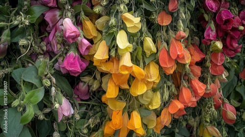 Colorful Crotalaria Spectabilis Blooms and Buds Hanging on Stalks Showcasing Vibrant Textures and Nutrient-Rich Herbal Food Potential photo