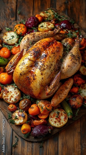 Wallpaper Mural A golden roasted turkey, glistening, surrounded by vibrant assorted vegetables, tenderly cooked, laid out on a rustic wooden table Torontodigital.ca