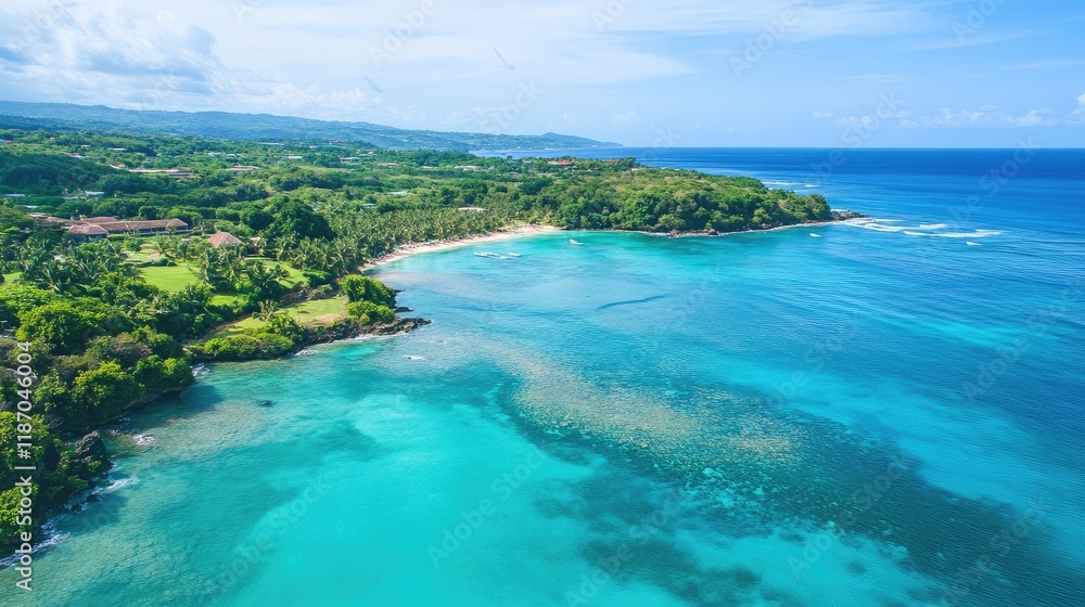 Aerial view of vibrant turquoise ocean meeting lush tropical coastline under a clear blue sky Aerial view of vibrant turquoise ocean meeting lush tropical coastline under a clear blue sky