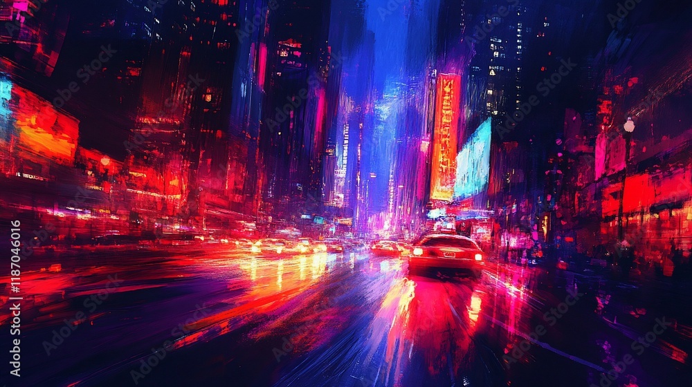 Obraz premium Cyberpunk city street at night, vibrant neon lights, rain reflecting on wet asphalt, fast moving cars.