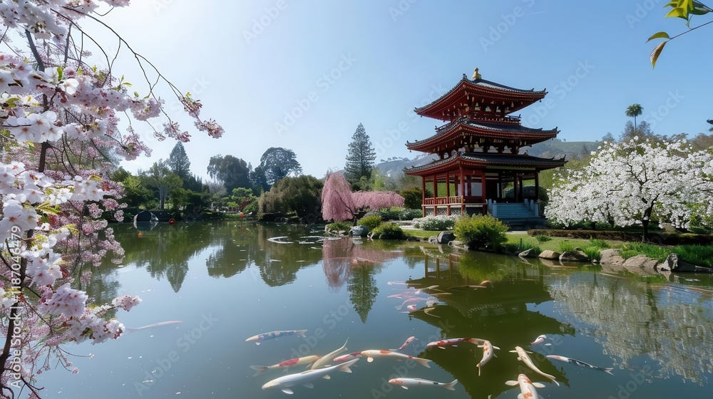 Serene garden scene with a pagoda, cherry blossoms, and koi fish in a tranquil pond. Serene garden scene with a pagoda, cherry blossoms, and koi fish in a tranquil pond.