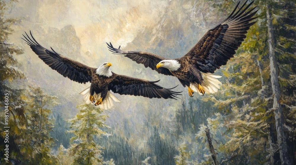 custom made wallpaper toronto digitalMajestic Bald Eagles Soaring Through Misty Forest Landscape Nature Scene
